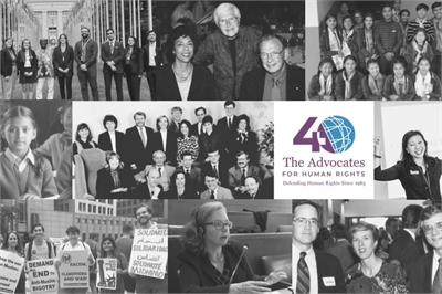 [ai] A collage featuring various groups of people at events related to human rights, including protests, meetings, and celebrations. The logo 'The Advocates for Human Rights' prominently displays the organization's commitment to defending human rights.